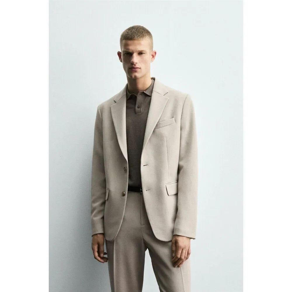 Zara Mens Blazer Suit Jacket EU 48 US 38 Beige Tan Slim Fit 4425/909 NWOT